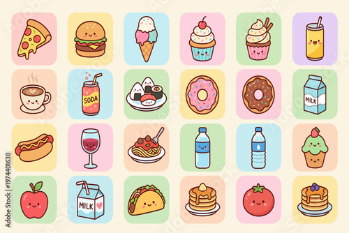 Colorful illustrations of various food and drink items are neatly arranged.