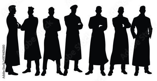  set of male silhouette figures in long coats or robes 