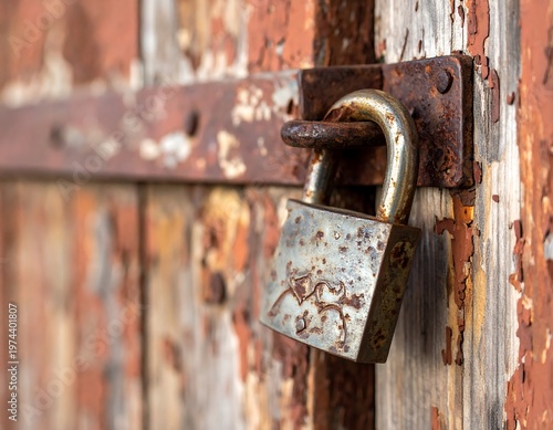 Close-up of an aged padlock, open, on a peeling, rusty, wooden surface, possibly an old door or gate. The colors are primarily earth tones