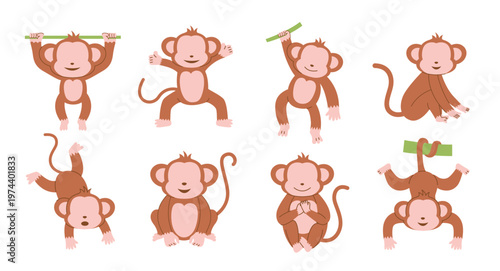 set of monkey character poses vector illustration
