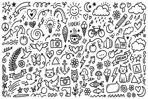 Black and white doodle illustration of various creative ideas and symbols.