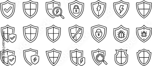 Cybersecurity Shield Icons Line Art Vector Set. IT Security, Data Protection, Antivirus, and Digital Safety Outline Symbols for Web and Mobile Design.