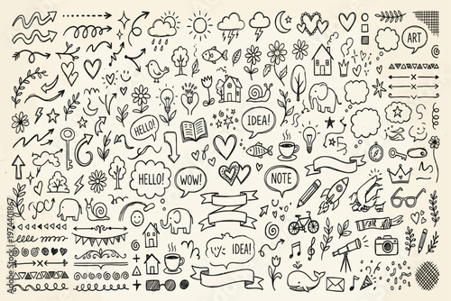 A detailed illustration of various doodles and icons scattered across a page.