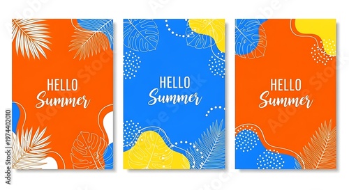 Vibrant summer greeting card with tropical palm leaves and bright sunburst design