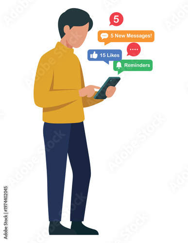 Man receiving multiple notifications on smartphone, digital overload concept