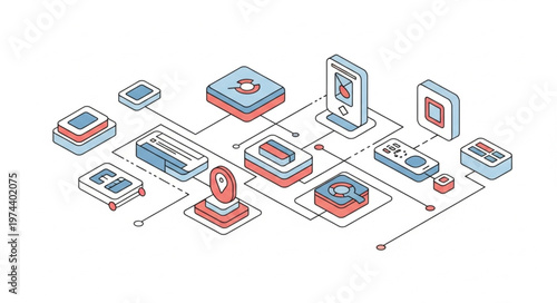 Isometric blockchain network architecture with interconnected nodes.