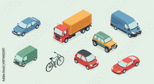 Isometric assortment of vehicles including truck car van bicycle.