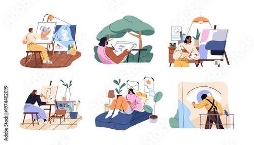 Artists are drawing set. Painters create artworks, still life in art class, murals, graffiti. Talented people are painting on easels indoors and outdoors. Flat isolated vector illustrations on white