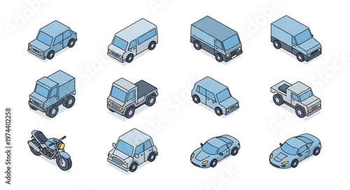 Isometric Blue Vehicle Icon Set Including Cars Vans Trucks.