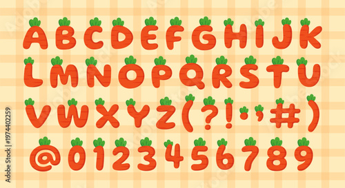 Cute orange carrot alphabet set with letters numbers and symbols for kids