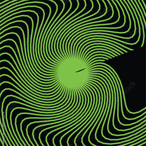Psychedelic hypnotic swirl background with neon green wavy lines, abstract optical illusion vector pattern, trippy spiral design for electronic music posters and creative digital art