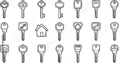 Black and White Line Art Icons of Various Keys and House Symbol