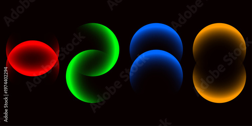 Set of abstract geometric round shapes with vibrant red, green, blue, and orange gradients isolated on a black background, vector illustration. 
