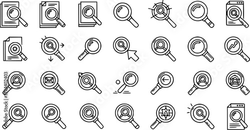Black and White Line Art Icons of Magnifying Glass for Search and Analysis