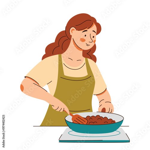 Woman in an apron stir fries food on the stove. A cozy home cooking scene featuring healthy food