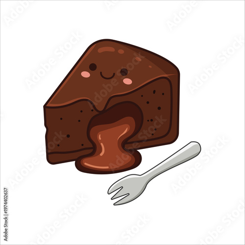 Cute Kawaii Chocolate Lava Cake Slice Character with Smiling Face.
