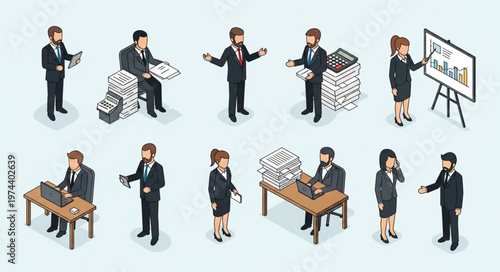 Isometric business people performing varied office tasks together.