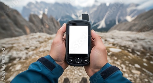 GPS navigation device held by hiker in hands with blank screen for mockup in rugged mountain wilderness landscape