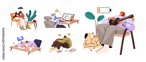 Concept set of burnout. Sad exhausted people with creative crisis. Depressed art characters with fatigue, lack of inspiration, low energy and work problems. Flat isolated vector illustrations on white