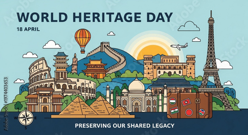 World heritage day illustration with landmarks preserving legacy cultural icons