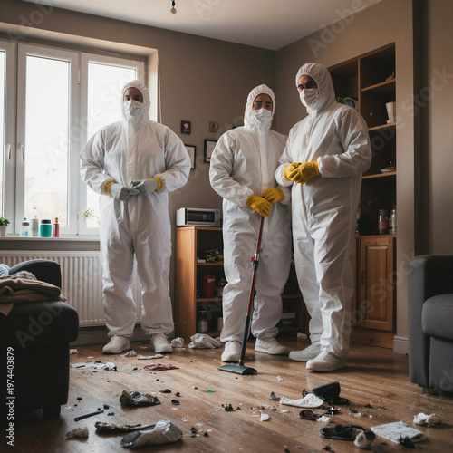 People in white hazmat suits cleaning up a messy living room after a disaster or crime scene for professional biohazard cleanup services and safety concepts.