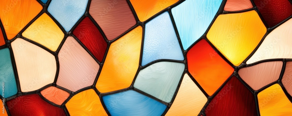 Fototapeta premium A vibrant stained glass window features irregular geometric shapes in warm and cool tones, creating a colorful mosaic pattern.