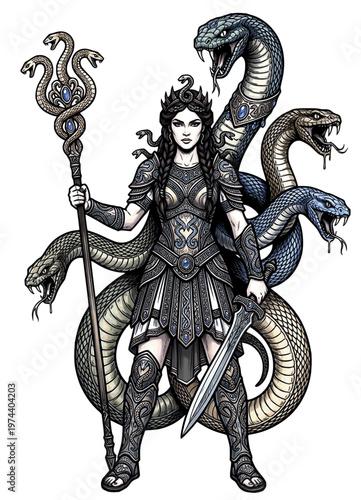 Snake Dragon Beast Tamer Sorceress with Serpent Creatures and Staff – Dark Fantasy Warrior Queen Vector Illustration