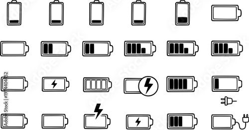 Technology Mobile Energy Battery Charging Status Line Art Icon Set. Power Level Indicators and Charger Plug Glyphs Collection, Black and White.