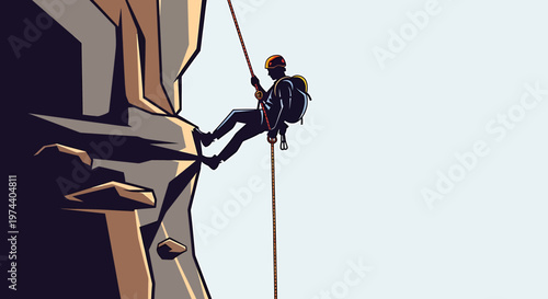 Adventurous Climber Descending a Cliff Face with Rope and Harness.