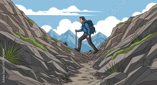 Adventurous Hiker Ascending Rocky Mountain Trail with Backpack and Hiking Pole.