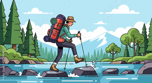 Adventurous Hiker Carefully Crossing a River on Stepping Stones During Hike.