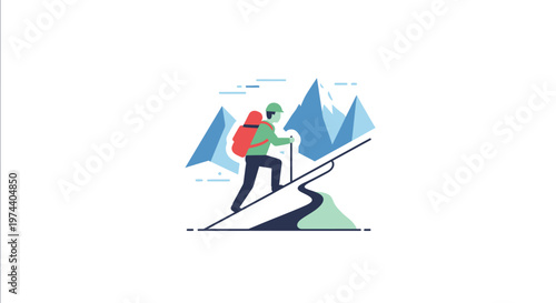 Adventurous Hiker Ascending Mountain Path Towards Peaks Illustration.