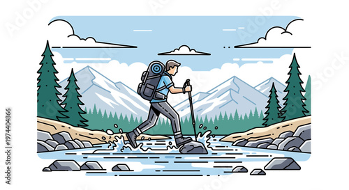 Adventurous Hiker Crossing River in Mountainous Landscape Illustration.