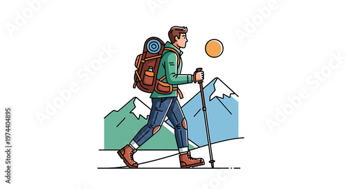 Adventurous Hiker Exploring Mountain Trails with Backpack and Hiking Pole.