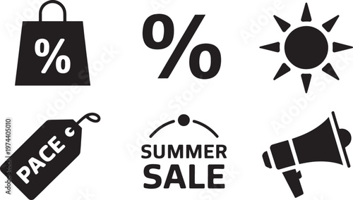 A collection of six black graphic icons representing shopping, discounts, summer sales, and promotions including a shopping bag, percentage sign, sun, price tag, sale announcement, and megaphone.