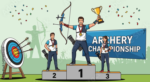 Archery Championship Winner Celebrates Victory with Trophy and Bow.