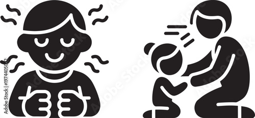 Illustrative icons depict a relaxed individual experiencing a pleasant sensation and a parent or guardian comforting a child in a supportive gesture.