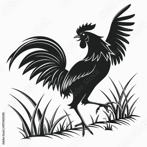 Vintage rooster silhouette vector illustration, black farm animal cockerel standing in grass, rustic poultry bird mascot for organic food branding