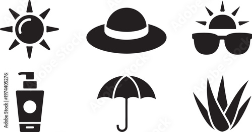 A protective set of summer items including a sun, hat, sunglasses, sunscreen, umbrella, and aloe vera plant for sun safety.