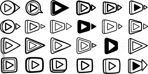Hand-drawn Black  White Play Button  Forward Media Control Icons Collection. Doodle Line Art Style UIUX Design Assets for Digital Media  Technology
