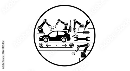 Automotive Assembly Line Depicted in a Circular Black and White Graphic.