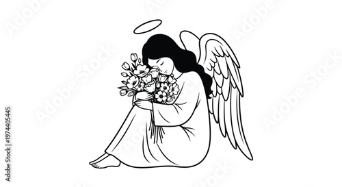 A serene angel with wings and halo holding a bouquet of delicate flowers, depicted in a peaceful line art style
