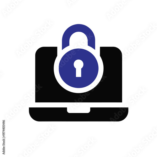 Vector of a laptop with a blue padlock icon on the screen symbolizing security