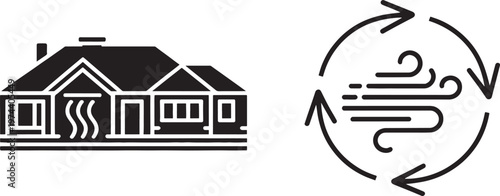Architectural diagrams illustrate heat flow and ventilation systems within residential buildings, visually explaining thermal dynamics and air circulation principles for energy efficiency.