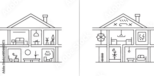 A comparative illustration of two houses, one showing outward radiating arrows indicating expansion or influence, the other depicting rain clouds and downward arrows symbolizing environmental factors.