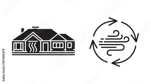A stylized graphic represents a dwelling with stylized steam emanating from its roof, alongside a circular symbol indicating wind patterns and weather.