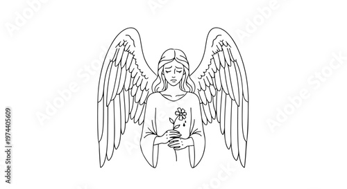 Serene angel with large feathered wings holding a delicate rose with a gentle expression