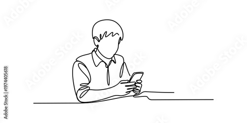 A continuous line drawing of a young man focused on looking at his mobile phone screen while sitting Vector, illustration
