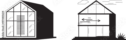 Cross-section illustration of a modern glass house, showcasing internal airflow dynamics and heat exchange through transparent walls and controlled ventilation.