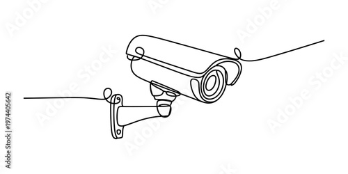 A continuous line drawing of a surveillance camera mounted on a wall for security monitoring use. Vector, illustration